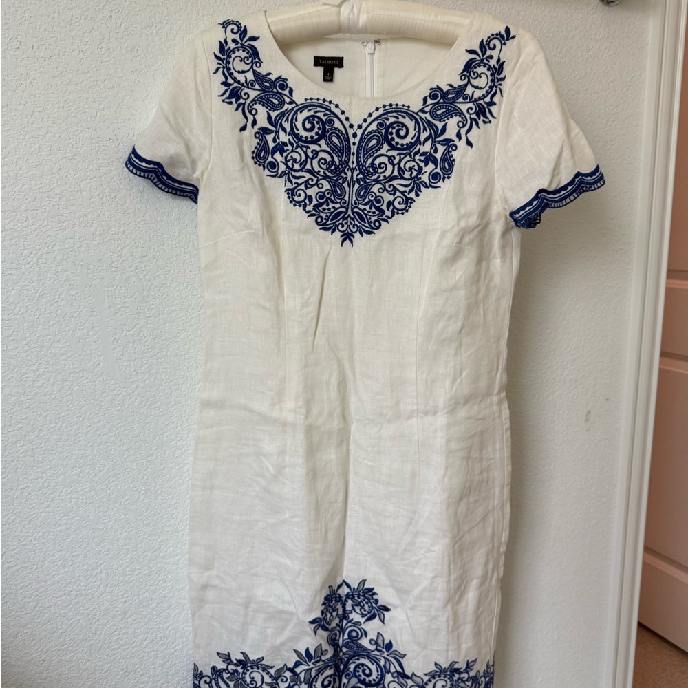 Talbots White Dress with Blue Embroidery